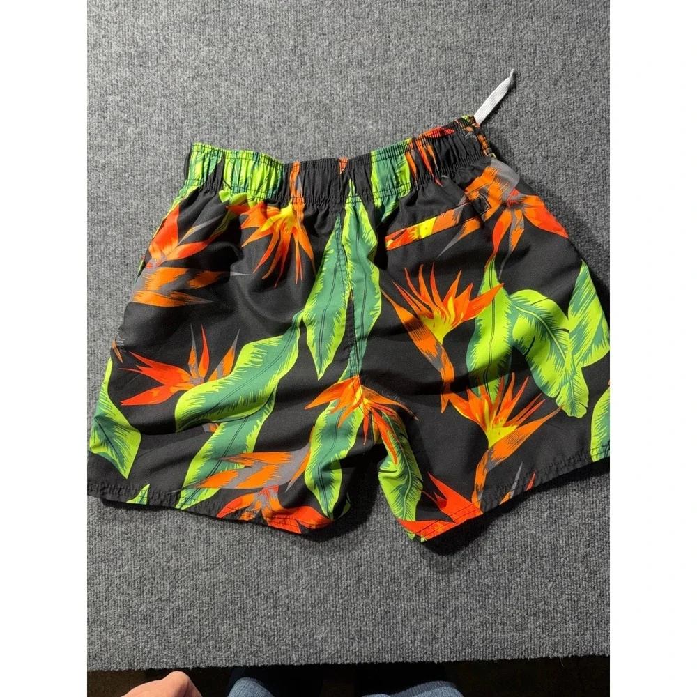Island Haze Mens Tropical Bird of Paradise Swim Trunks Black Floral Medium